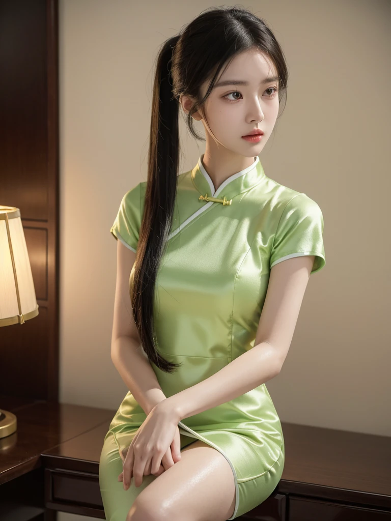 korean model , slim body , 167cm ,Movie Angle,long black ponytails hairstyle, (Cute girl, face of innocent ,anatomy correct, Pastel Spring Green silky chinese qipao with short sleeves,( art,geomerty),(plethora of colorest quality,high detail,tmasterpiece,Cinematic lighting effects,4K,Chiaroscuro ), chinese home