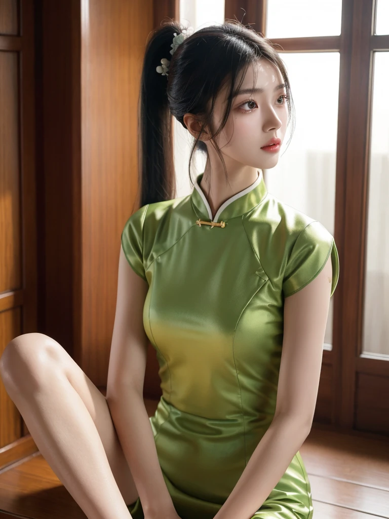 korean model , slim body , 167cm ,Movie Angle,long black ponytails hairstyle, (Cute girl, face of innocent ,anatomy correct, Pastel Spring Green silky chinese qipao with short sleeves,( art,geomerty),(plethora of colorest quality,high detail,tmasterpiece,Cinematic lighting effects,4K,Chiaroscuro ), chinese home