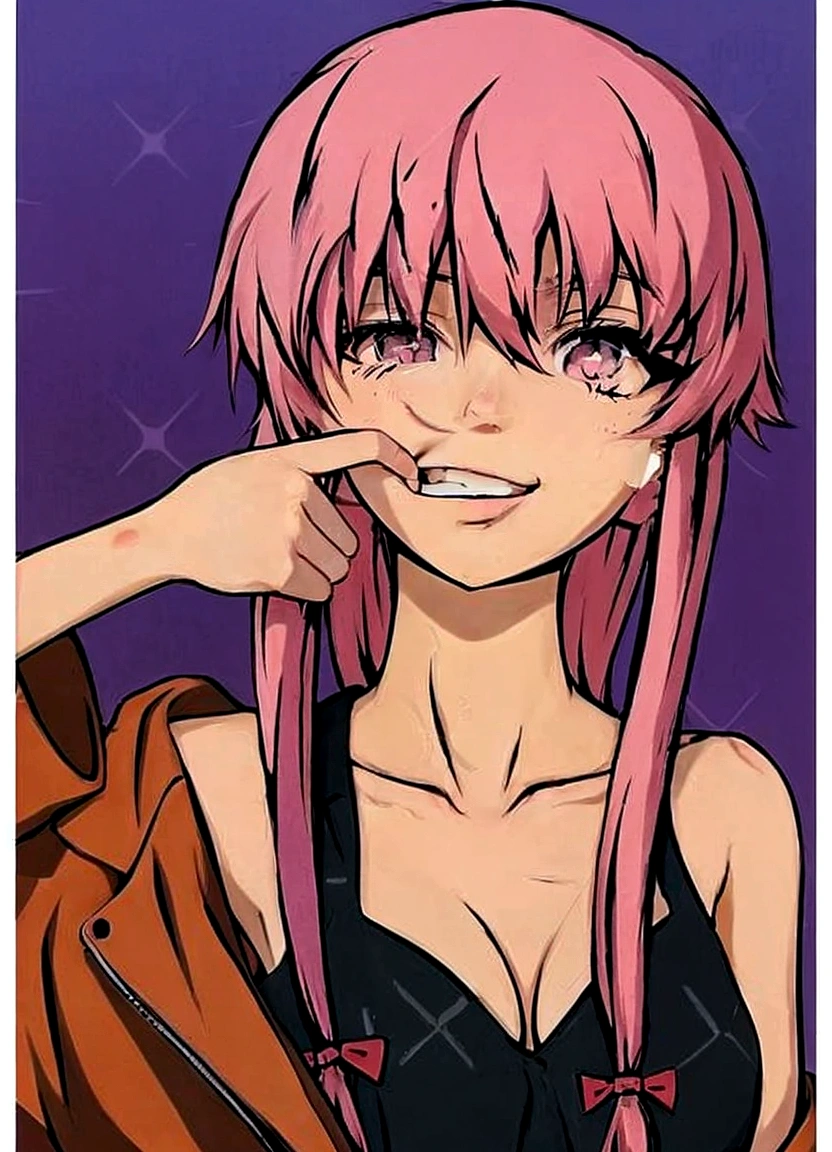 a young cartoon girl with pink hair and a leather jacket, Mirai Nikki, Gasai Yuno, with the index finger, seductive anime girl, Inspired by the future, anime moe art style, sensual smile, in an anime style, anime style character, winax anime style, Chica anime llamada Gasai Yuno, she has a nice expressive face