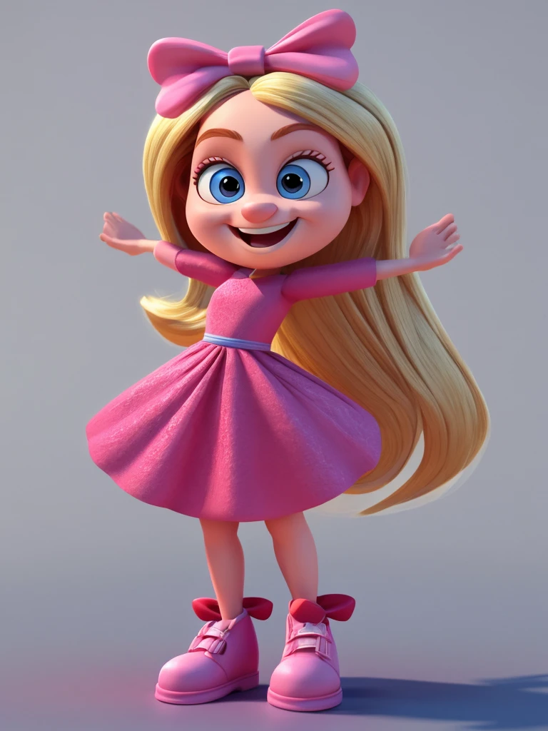 Fun mind character, disney pixar style, 3d, very tiny, with long blond hair , pink dress your outfit, put on your pink shoes, with happy face, light blue skin, pink bow , White background, 8 k quality