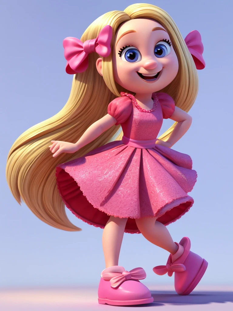 Fun mind character, disney pixar style, 3d, very tiny, with long blond hair , pink dress your outfit, put on your pink shoes, with happy face, light blue skin, pink bow , White background, 8 k quality