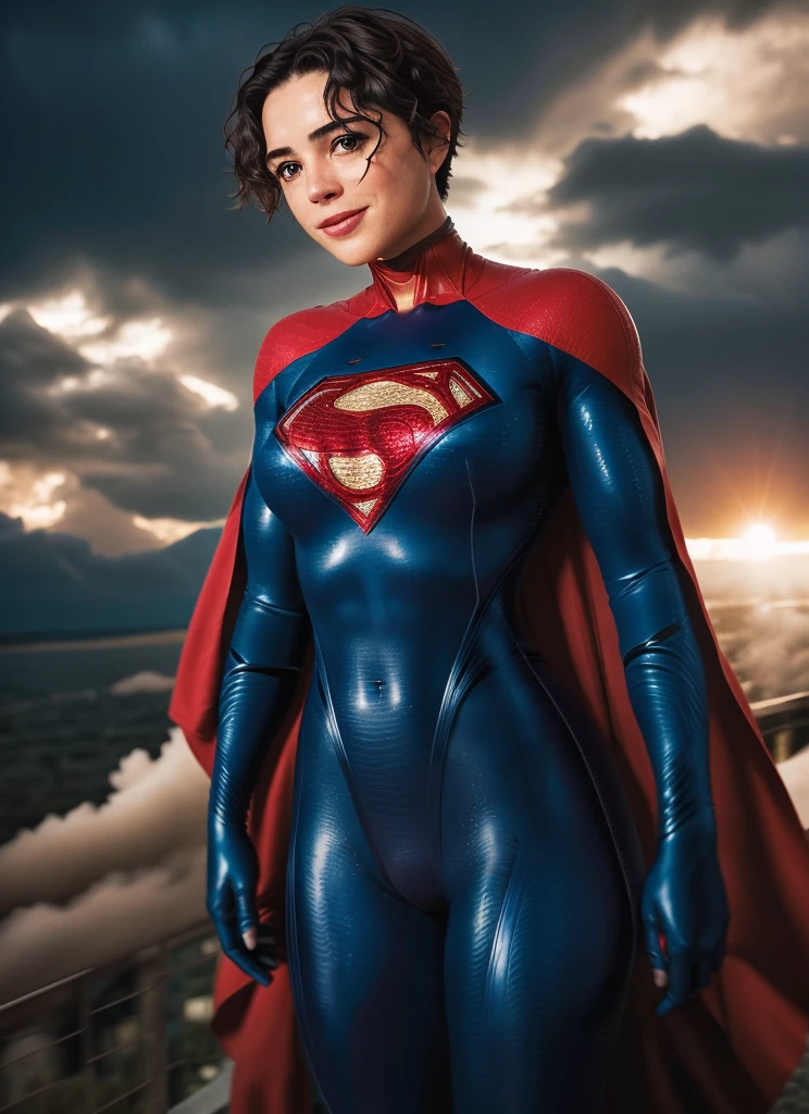 photo of supergirl, short hair, bodysuit, cape, smile, outdoors stormy night, background sky, analog style (look at viewer:1.2) (skin texture), Fujifilm XT3, DSLR, 50mm  