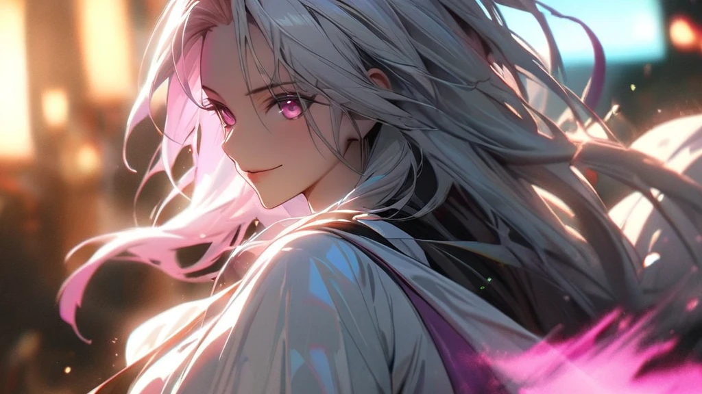 (solo), white hair, messy hair, mane hair, long hair, dense hair, wild hair, expressive hair, mature,(25 year old), pale skin, pink eyes, ((female)), wearing a white robe, white cloak,, rolled up sleeves, beautiful, attractive, eye reflection, medium breast, medium ass, smiling, depth of field, colorful thunder aura, colorful cinematic lighting, purple ray tracing, depth of field, cinematic lighting, purple ray tracing, UHD, high details, best quality, highres, high quality, award winning, super detail, masterpiece, 8k, UHD, high details, best quality, highres, high quality, award winning, super detail, masterpiece, 8k, digital art, anime coloring, full body shot, body shot, In a fighting position, Hand to hand combat, good face, perfect face, detailed face, good eyes, looking towards the screen.