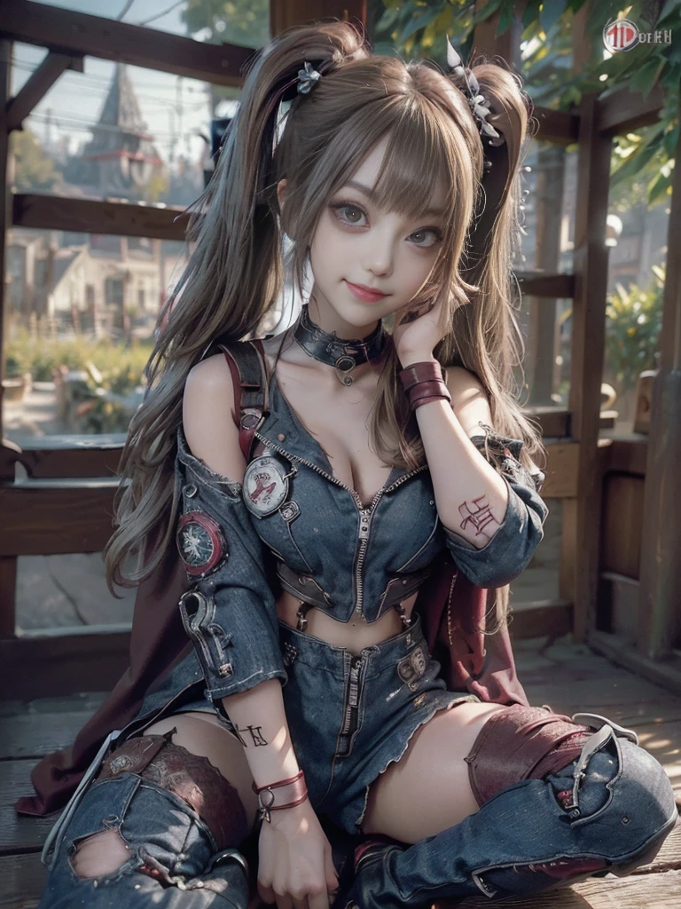 (Full body:1.4)、(Full Body View:1.4)、(Side view:1.1)、(Smiling with teeth showing:1.3),(Shibuya Gal:1.5)、(Beautiful:1.5)、(Punk RockVisual Kei:1.4)、(Burgundy denim with khaki and brown medieval tattered zip up:1.5)、(Wine red arm covers and tattered bugle pants:1.5)、(Wine red high heels:1.3)、(Wearing silver accessories:1.5)、(Dark brown collar:1.4)、(Leather garter belt:1.4)、(Red skin belt:1.3)、(Red lace underwear:1.5)、20-year-old、NSFW、((Highest quality、In 8K、masterpiece:1.3))、Sharp focus:1.2、(Layered Cut、Huge boobs:1.1),Beautiful woman with perfect figure:1.4、(Doing an aerobics pose:1.3)、Slender Abs:1.2、Highly detailed face and skin texture、Detailed eyes、double eyelid,(Twin tails:1.3)、(Brown-golden hair:1.3)、Gravure idol、(A fairytale-like cafe with a lush tree background:1.3)、(Slim body:1.3),(Make your legs thinner:1.4),(Thin, thin thighs:1.3)、（clavicle:1.1）