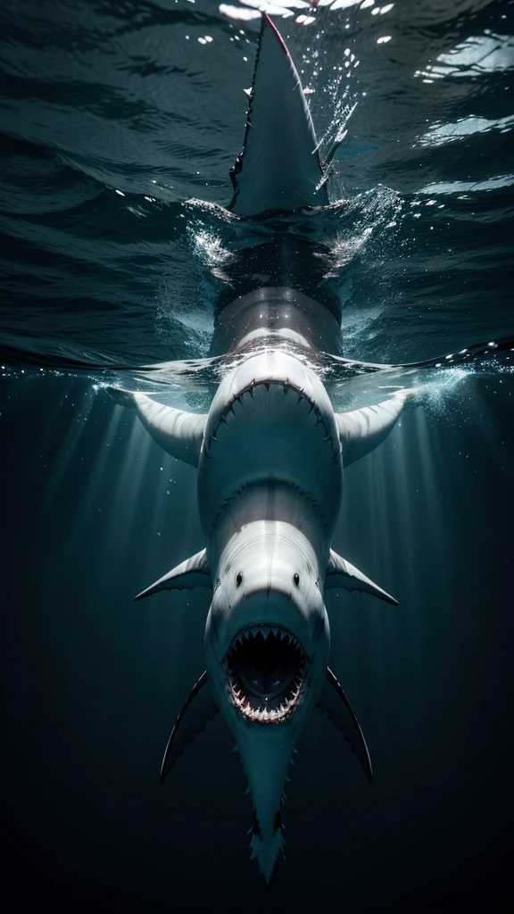 A great white shark in the dark sea,grimdark,sideways swimming,ultra realisitic,8K