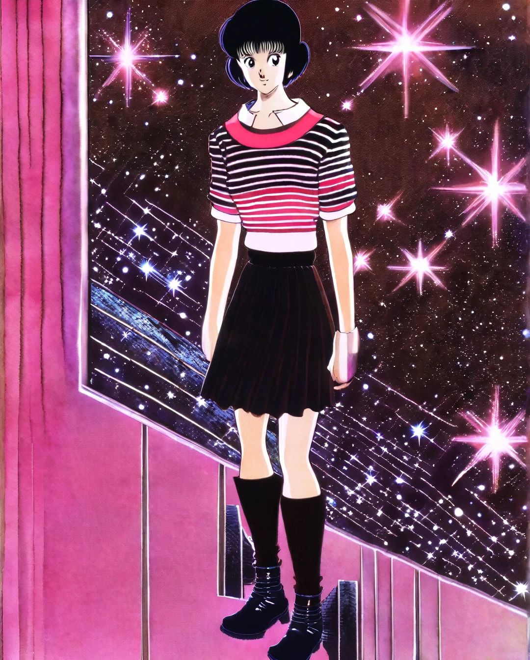 anime artwork, Girl with very short black pixie hair, brown eyes, red lush lips, wearing a black mini-skirt and a short pink and black striped t-shirt cut from the top showing her cleavage, black boots, 1980s style, brown eyes, by artist mitsuru adachi, framed by an intricate backdrop of Deep space stars