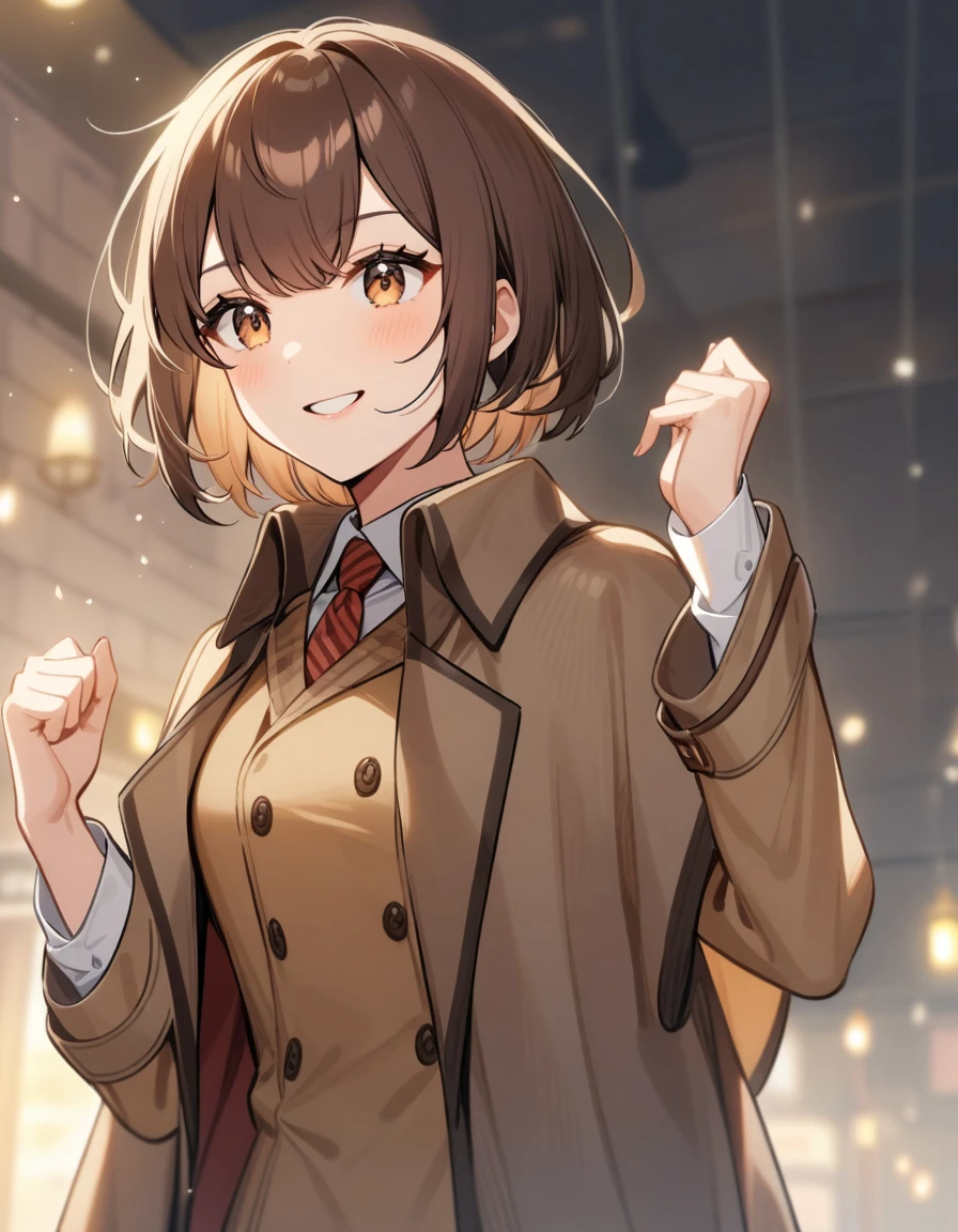 female, Detective, Brown Hair, confidence, smile