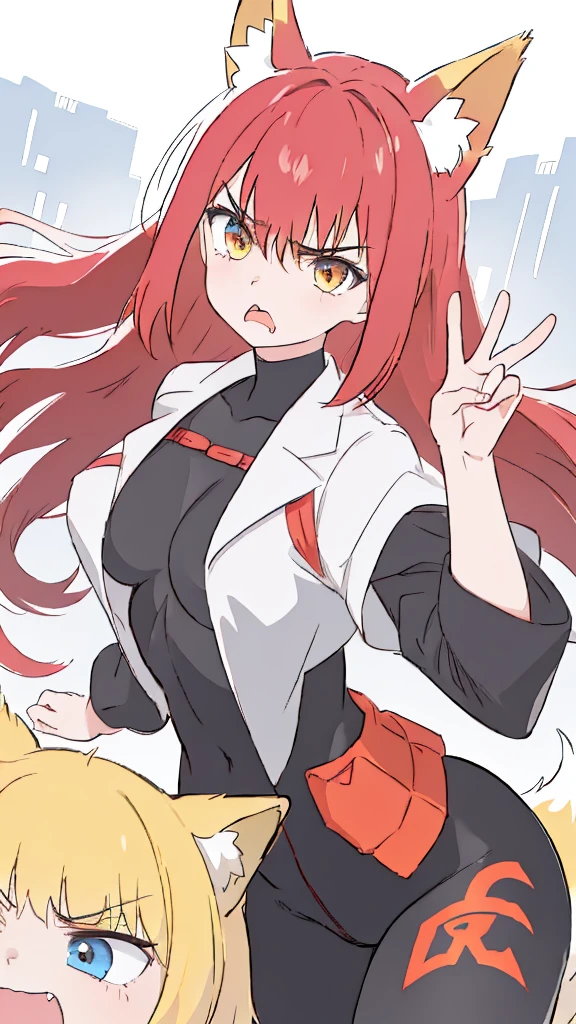 1girl ,20s,angry face,black bodysuit,(red hair),long hair,fox ears, sunny, park,peace_sign,onimai style