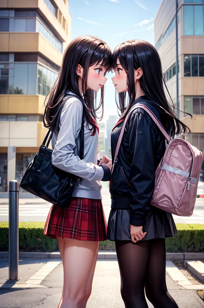 age girls and teenboys look at each other in front of the high school building