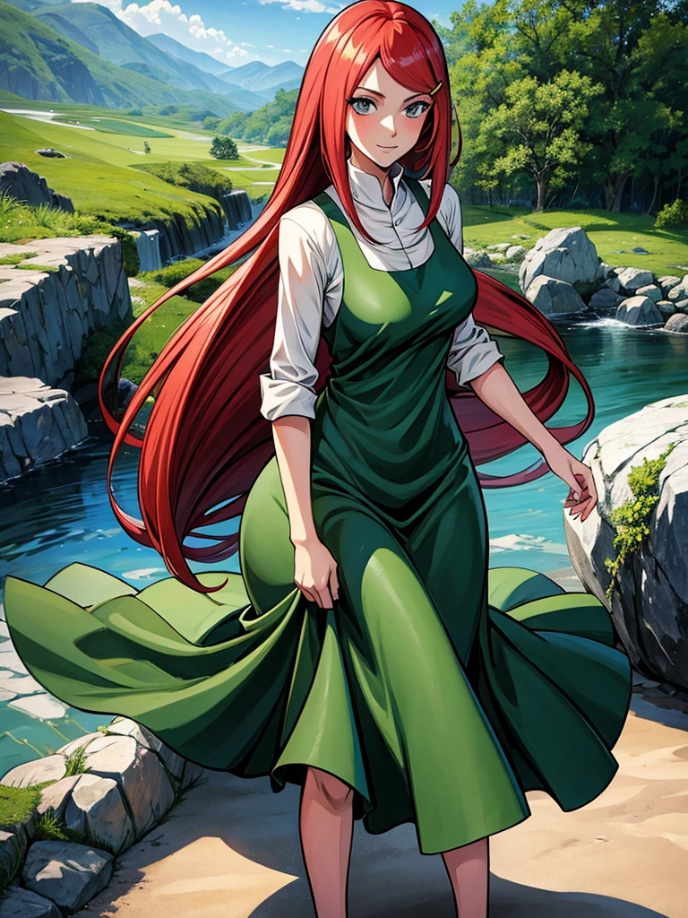 uzumaki_kushina, large_breasts, standing, solo, kushina_green_dress, masterpiece, best quality, detailed face, detailed eyes, highres, smile, (masterpiece:1.4, best quality:1.2), (Highres), (Detailed Illustration), Ultra-Detailed, konohagakure, uzumaki_kushina, kushina_green_dress, standing straight, looking in front,