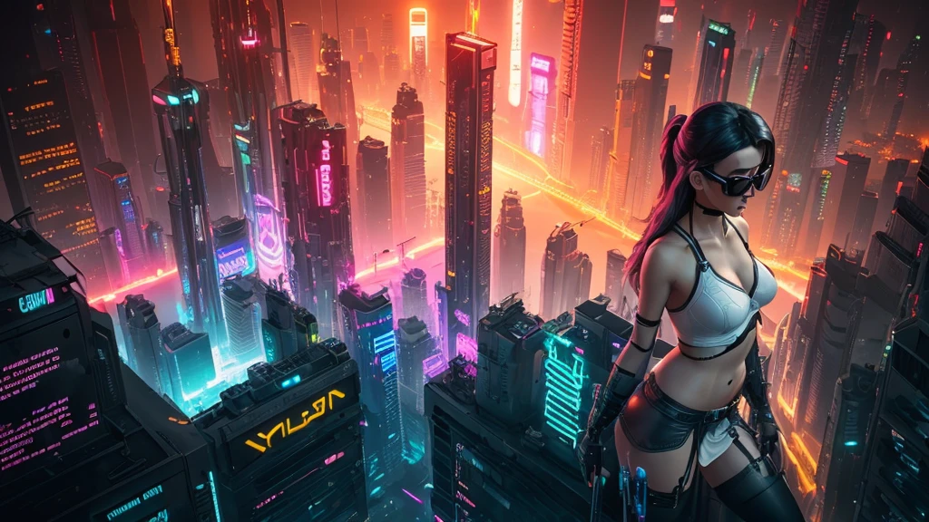 (((1woman, solo))), rainbow light, 3d neon art of a woman's body, cyberpunk femme fatale, seductive cyberpunk dark fantasy, cyberpunk 20 y. o large-breast model girl, (((with black miniskirt and white lace panty, with matrix style black micro sunglasses, long hair))), oppai cyberpunk, banner, high definition cgsociety, cgsociety masterpiece, trending on cgstation, kda, (((((aerial view))))) image of neon-noir cyberpunk city in the background.