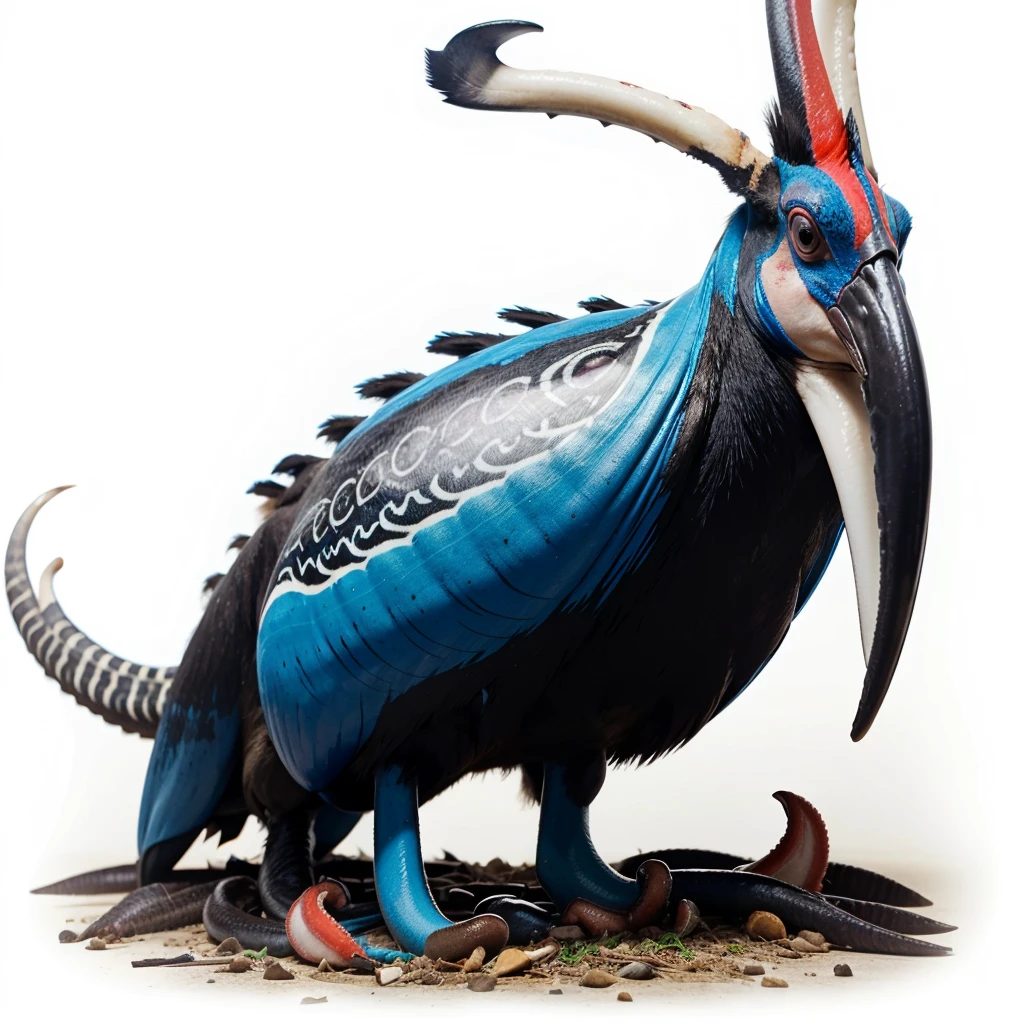 Big Animaly, has white stripes on his skin, blue eyes, cassowary mixed with squid, Grassroots, no background