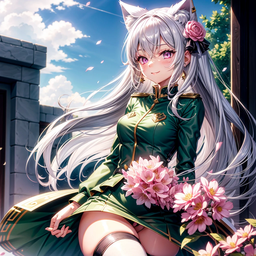 Silver hair, pink eyes, body, cat ears, adult girl, earrings, flower sky background, green gold uniform, hair bows, happy face, thigh up