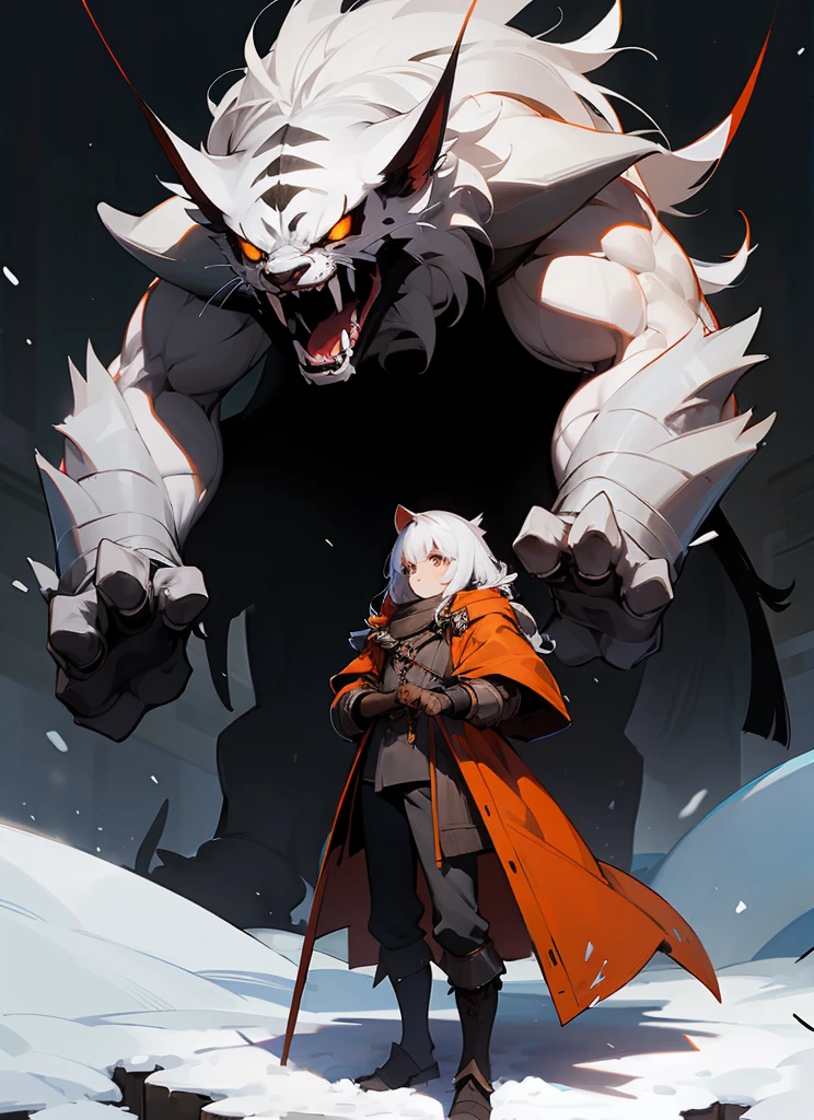 1Big whiteorange royal tigerhuman, scarry,red blood ,big claw, hunger, frozen blackground, stronger, animal, stand on to legs, big, old,snow cloth, lycan, fantasy, wearing armor coat, 