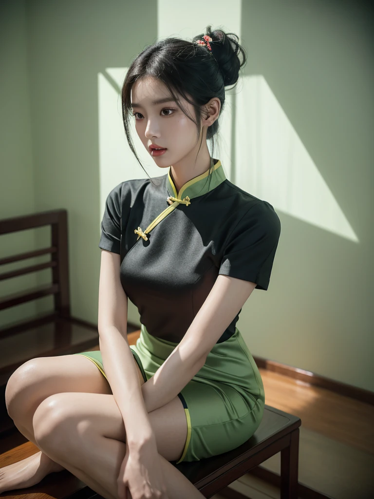 korean model , slim body , 167cm ，Movie Angle，long black ponytails hairstyle, （Cute girl,??????? correct, Pastel Spring Green silky chinese qipao with short sleeves，（ art，geomerty），（plethora of colorest quality，high detail，tmasterpiece，Cinematic lighting effects，4K，Chiaroscuro ), chinese home
