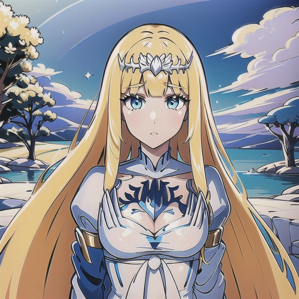 1girl, solo, Calca, Calca Bessarez, blonde hair, (extremely long hair1.3), very long hair, white tiara, white dress, blue eyes, medium chest,extremely long hair, blunt bang