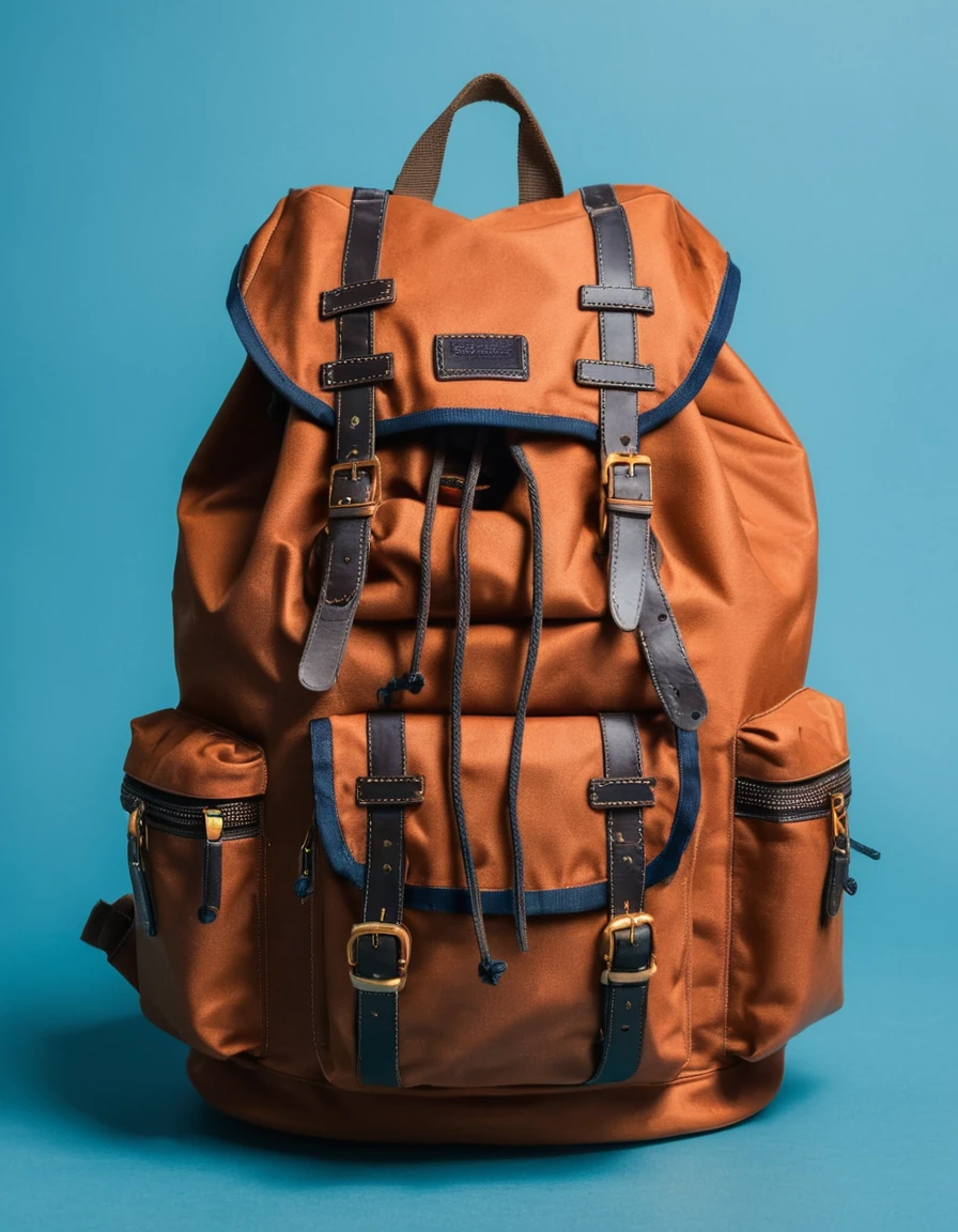 travel accessories, backpack, on blue background #9AC8EB et rose #DB6A8F très réaliste haute qualité 8k