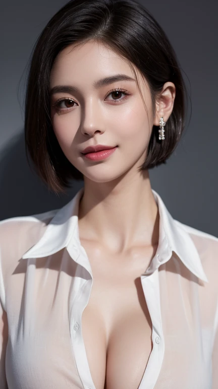 masterpiece,Highest quality,One girl,Very detailed,Improves skin quality,Ultra-high resolution,Very delicate,super high quality,Detailed face,Beautiful Eyes,(short hair:1.3),Beautiful Nose,(Thin collared shirt:1.5),Exposed cleavage,(looking at the camera),((Dark Office Background)),Detailed lighting,Shining Model,Emphasize the chest,Shiny skin,Beautiful shadows,smile,Earrings,necklace,Show off your breasts,smile