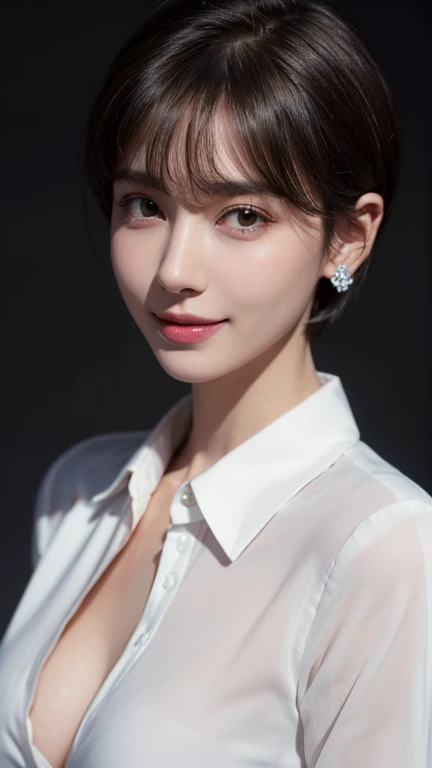 masterpiece,Highest quality,One girl,Very detailed,Improves skin quality,Ultra-high resolution,Very delicate,super high quality,Detailed face,Beautiful Eyes,(short hair:1.3),Beautiful Nose,(Thin collared shirt:1.5),Exposed cleavage,(looking at the camera),((Dark Office Background)),Detailed lighting,Shining Model,Emphasize the chest,Shiny skin,Beautiful shadows,smile,Earrings,necklace,Show off your breasts,smile