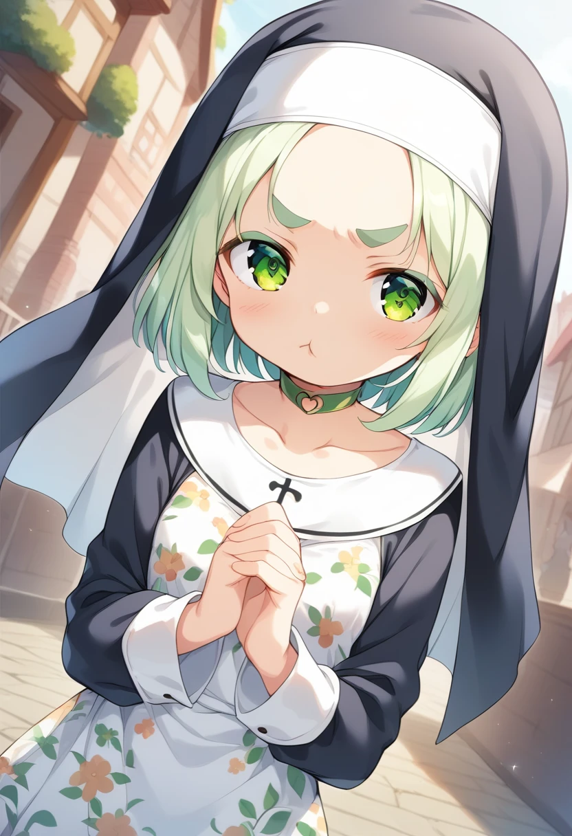 score_9, ,score_7_up, score_6_up, 1girl, source_cartoon, source_anime,breathtalking Scenery,watercolor,smooth soft skin, natural skin,aax
BREAK
(:1.4),(little female child:1.4), small breast,cute face, (lolidler:1.1), 6 yo,kawaii, (highlight on eyes), (jiggly:0.8), shiny skin,beautiful eyes, detailed eyes, puffy eyes,
BREAK
(medium green hair:1.3),(green maro eyebrows:1.6),pouty and slightly grumpy,(pout:1.2), ::(, (jitome),(frown:0.6),white streaked hair, green eyes,
BREAK
from behind, behind shot,(Floral print nun dress), (pastel veil:1.2),choker,nun,excessive detailed collarbone,exposed collarbone, dynamicangle,
BREAK
As the cultural festival unfolded, the picturesque setting of the old town, with its cobblestone streets and ancient architecture, seemed to transport us back in time