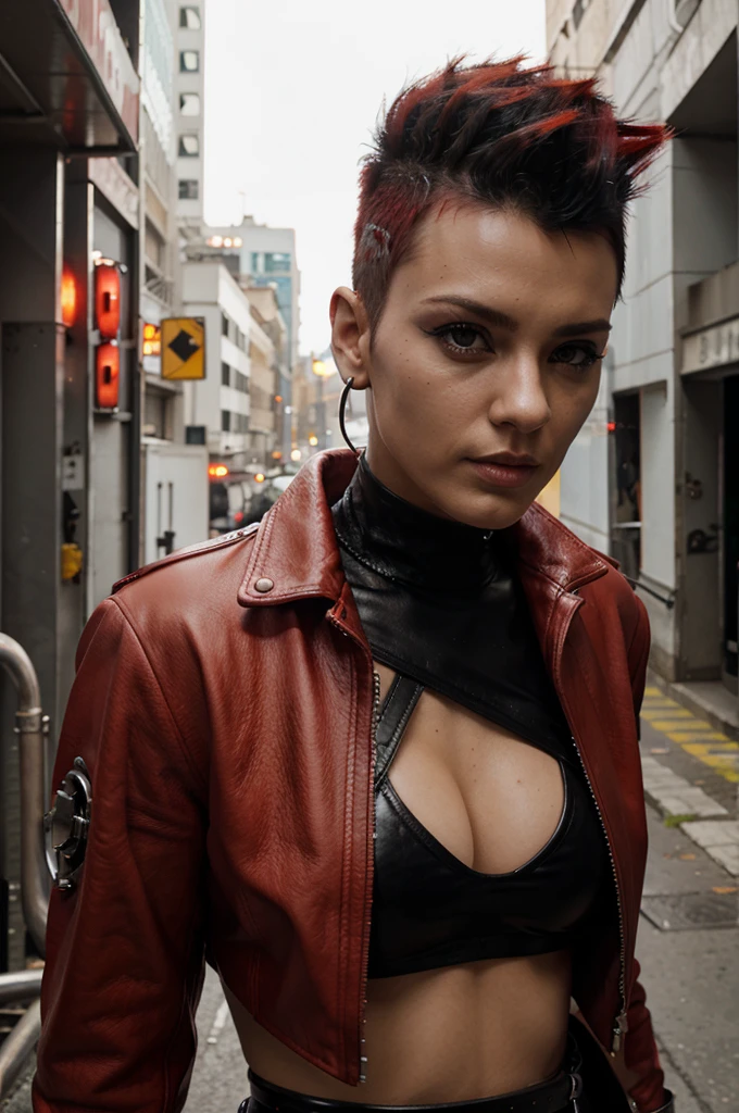 Cyberpunk punk mohawk, red leather outfit with chrome