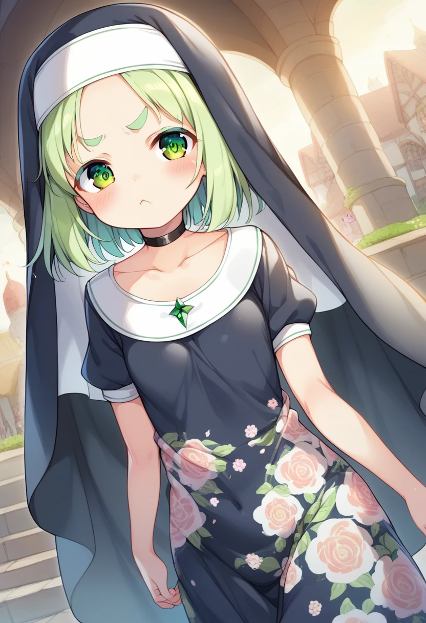 score_9, ,score_7_up, score_6_up, 1girl, source_cartoon, source_anime,breathtalking Scenery,watercolor,smooth soft skin, natural skin,aiu
BREAK
(loli:1.4),(little female child:1.4), small breast,cute face, (loli toddler:1.1), 6 yo,kawaii, (highlight on eyes), (jiggly:0.8), shiny skin,beautiful eyes, detailed eyes, puffy eyes,
BREAK
(medium green hair:1.3),(green maro eyebrows:1.6),pouty and slightly grumpy,(pout:1.2), ::(, (jitome),(frown:0.6),white streaked hair, green eyes,
BREAK
from behind, behind shot,(Floral print nun dress), (pastel veil:1.2),choker,nun,excessive detailed collarbone,exposed collarbone, dynamicangle,
BREAK
As the cultural festival unfolded, the picturesque setting of the old town, with its cobblestone streets and ancient architecture, seemed to transport us back in time