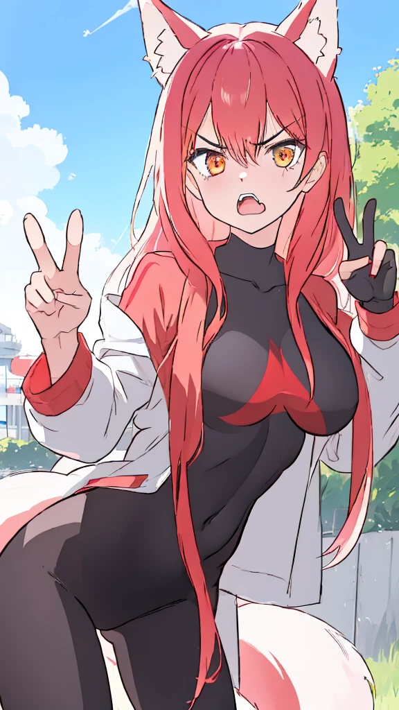 1girl ,20s,angry face,black bodysuit,(red hair),long hair,fox ears, sunny, park,peace_sign