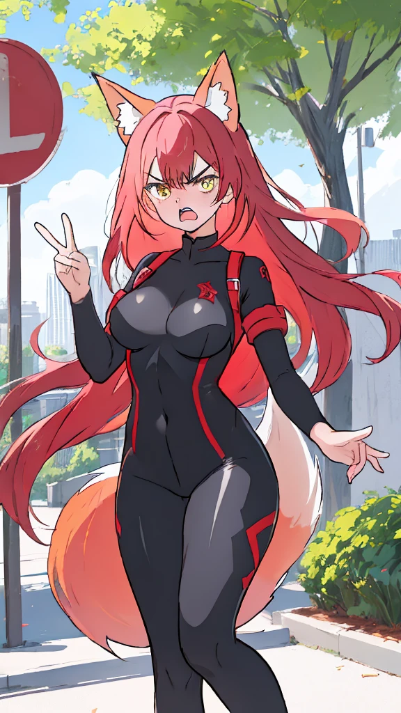 1girl ,20s,angry face,black bodysuit,(red hair),long hair,fox ears, sunny, park,peace_sign