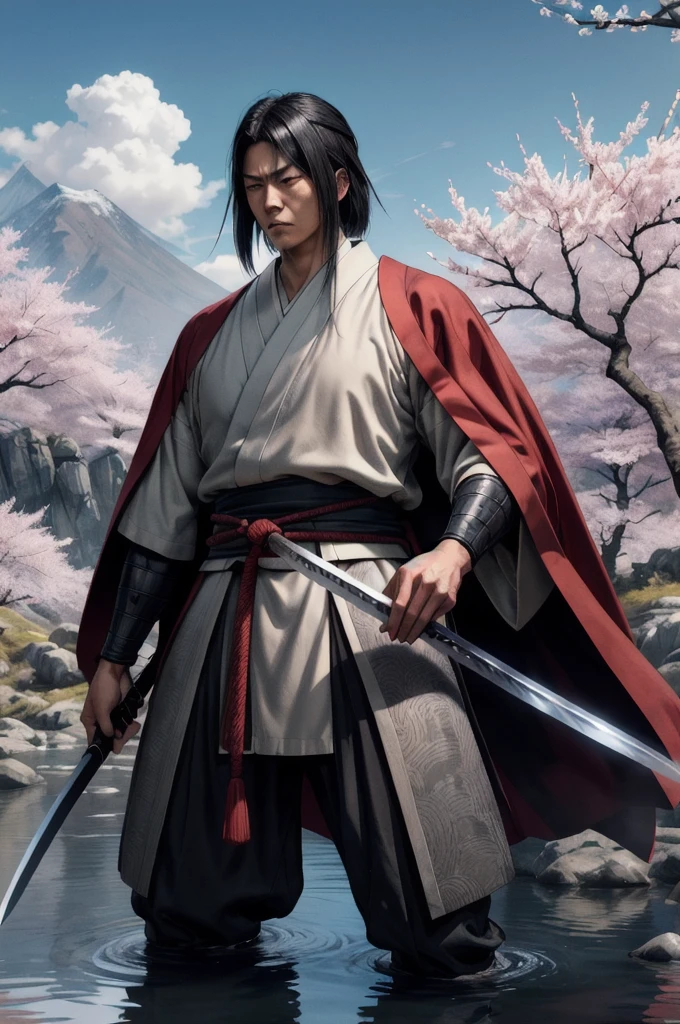 Create a dramatic digital illustration featuring Seijuro Hiko XIII, a central character from the Rurouni Kenshin series. Capture his imposing presence and immense strength, reflecting his mastery of the Hiten Mitsurugi-ryu sword style. Hiko should be portrayed in traditional samurai attire with his signature white cloak and broad-brimmed hat. His expression should exude confidence and wisdom, hinting at his role as Kenshin Himura's mentor. The background should be a serene yet rugged natural setting, such as a mountainous landscape with cherry blossom trees, emphasizing his connection to traditional Japanese culture. Use a color palette that highlights the contrast between his dark attire and the vibrant natural surroundings, creating a visually striking image.
