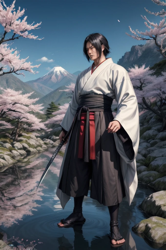Create a dramatic digital illustration featuring Seijuro Hiko XIII, a central character from the Rurouni Kenshin series. Capture his imposing presence and immense strength, reflecting his mastery of the Hiten Mitsurugi-ryu sword style. Hiko should be portrayed in traditional samurai attire with his signature white cloak and broad-brimmed hat. His expression should exude confidence and wisdom, hinting at his role as Kenshin Himura's mentor. The background should be a serene yet rugged natural setting, such as a mountainous landscape with cherry blossom trees, emphasizing his connection to traditional Japanese culture. Use a color palette that highlights the contrast between his dark attire and the vibrant natural surroundings, creating a visually striking image.