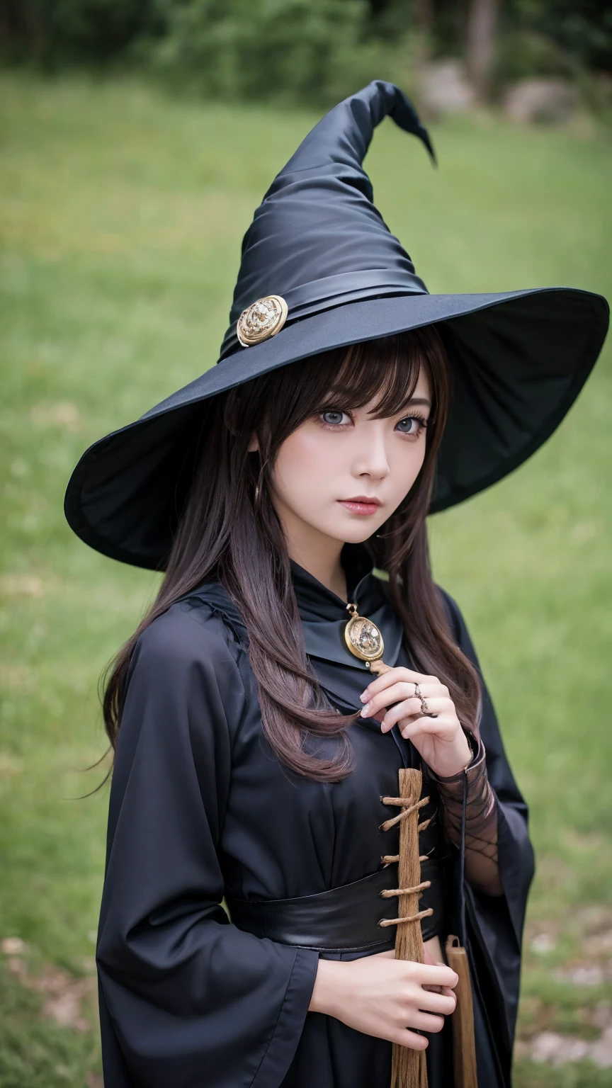 (Witch Cosplay、Witch Hat、Witch's wand、Witch's Short Skirt、Witch Boots)、Embarrassed expression、Worried brow、Braiding, Thighs、Camel Toe、knees、Big nipples、Chest to chest, choker、Standing、Beautiful eyes、Gorgeous earrings、Beautiful woman with perfect figure、Slim Abs、Thick brown hair, Big bigger than your head:1.4, Highly detailed face and skin texture, double eyelid, Exposed breasts, (Fishnet tights)、(Light magic background:1.4)、(Show your nipples to viewers:1.4)