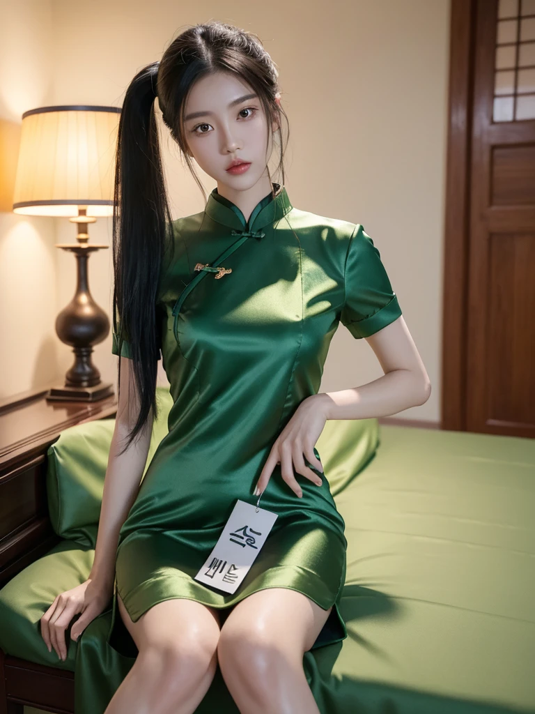 korean model , slim body , 167cm ，Movie Angle，long black ponytails hairstyle, （Cute girl,anatomy correct, Pastel Spring Green silky chinese qipao with short sleeves，（ art，geomerty），（plethora of colorest quality，high detail，tmasterpiece，Cinematic lighting effects，4K，Chiaroscuro ), chinese home
