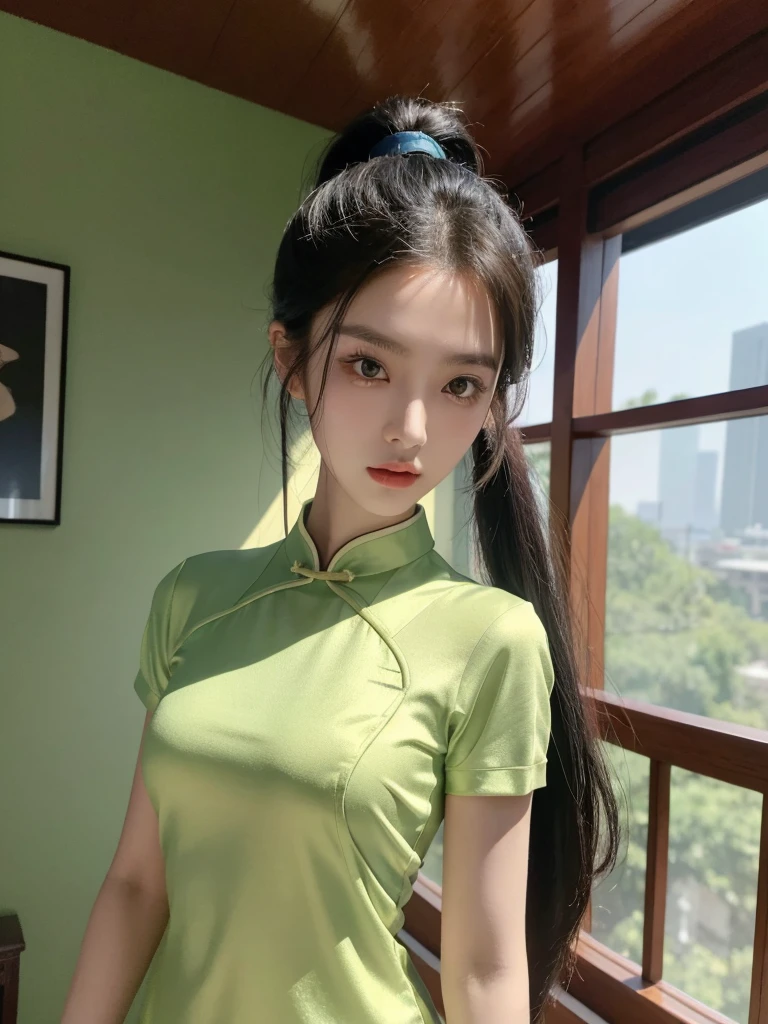 korean model , slim body , 167cm ，Movie Angle，long black ponytails hairstyle, （Cute girl,anatomy correct, Pastel Spring Green silky chinese qipao with short sleeves，（ art，geomerty），（plethora of colorest quality，high detail，tmasterpiece，Cinematic lighting effects，4K，Chiaroscuro ), chinese home
