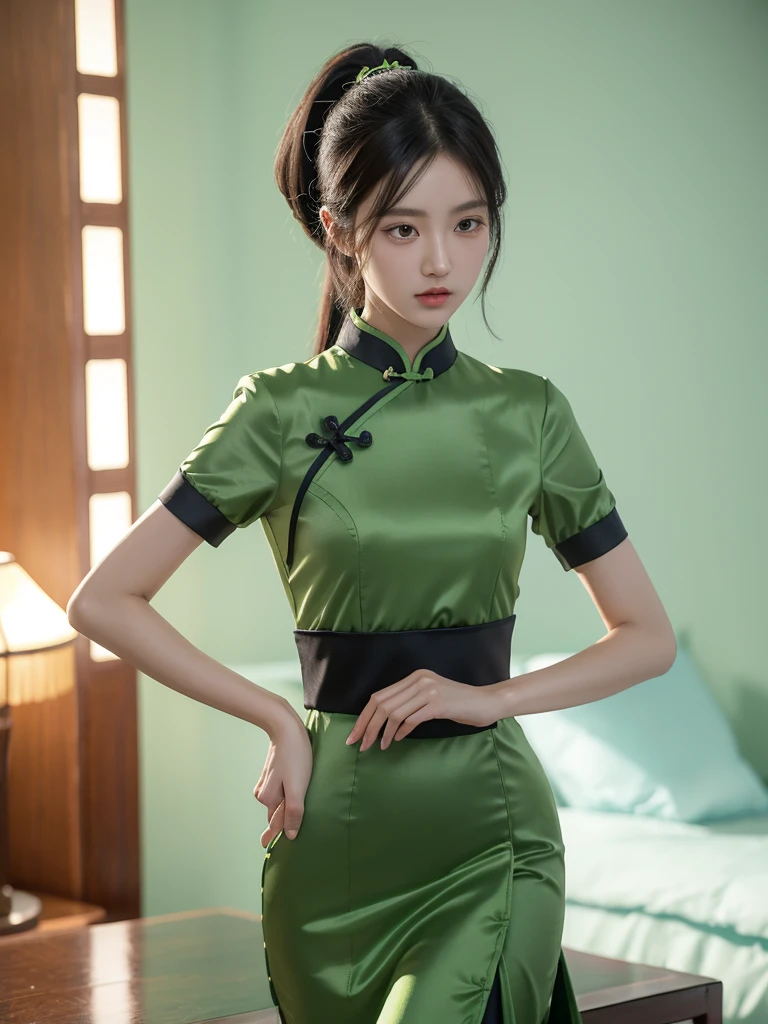 korean model , slim body , 167cm ，Movie Angle，long black ponytails hairstyle, （Cute girl,anatomy correct, Pastel Spring Green silky chinese qipao with short sleeves，（ art，geomerty），（plethora of colorest quality，high detail，tmasterpiece，Cinematic lighting effects，4K，Chiaroscuro ), chinese home
