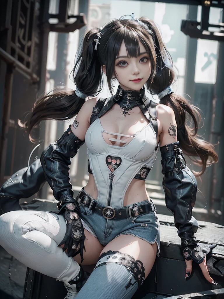 (Full Body View:1.3)、(Side view:1.1)、(Smiling with teeth showing:1.3),(Shibuya Gal:1.5)、(Gothic Lolita style fashion:1.5)、(Punk RockVisual Kei:1.5)、(Wearing a rhythmic gymnastics bodysuit with intricate details:1.4)、(Racing suit and pants with intricate decorations in white, denim and charcoal:1.5)、(Denim and light blue and white boots:1.3)、((belt))、(Numerous delicate logo marks all over the costume:1.4)、(collar:1.3)、(Striped underwear:1.5)、20-year-old、NSFW、((Highest quality、In 8K、masterpiece:1.3))、Sharp focus:1.2、(Layered Cut、Huge boobs:1.1),Beautiful woman with perfect figure:1.4、(Dancing vigorously:1.3)、Slender Abs:1.2、Highly detailed face and skin texture、Detailed eyes、double eyelid,(Twin tails:1.3)、(Brown Hair:1.3)、Gravure idol、(The background is the stage of the fashion show:1.3)、(Slim body:1.3),(Make your legs thinner:1.4),（clavicle:1.1）、(Thin and slim thighs:1.3)