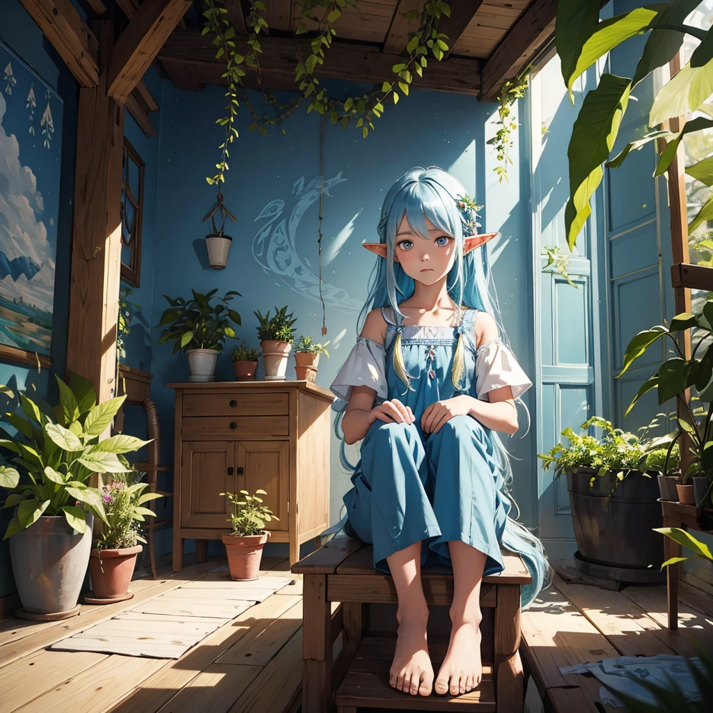 Medium shot of Jäänamileet sitting alone.
Jäänamileet: little elf girl, chibi, around 5 years old, with long sky-blue hair and sky-blue pupilless eyes, wearing simple outfit, flowing garments made from natural fibers, adorned with subtle elven patterns.
Background: Room decorated with nature motifs, filled with plants.
Action: sorrow expression
