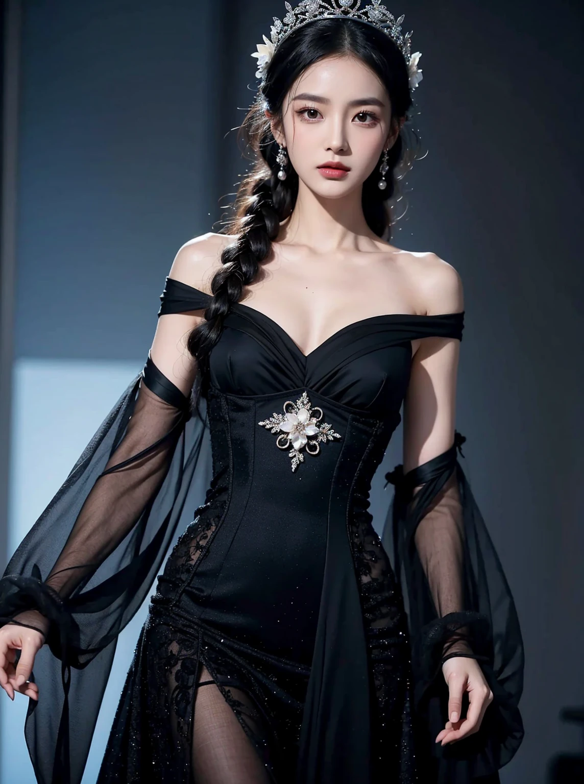 A woman wearing a black dress with a flower on her chest, Inspired by Liu Haisu, 2 0 2 0 fashion, High Fashion Haute Couture, high fashion design, Inspired by Tang Yifen., Haute couture fashion, complicated dress, Works inspired by Fei Danxu, Intricate fantasy dress, Chassis, Glamorous Runway Models, Dilabba Dilmurat, Kai Xukun, mini tiara, close up