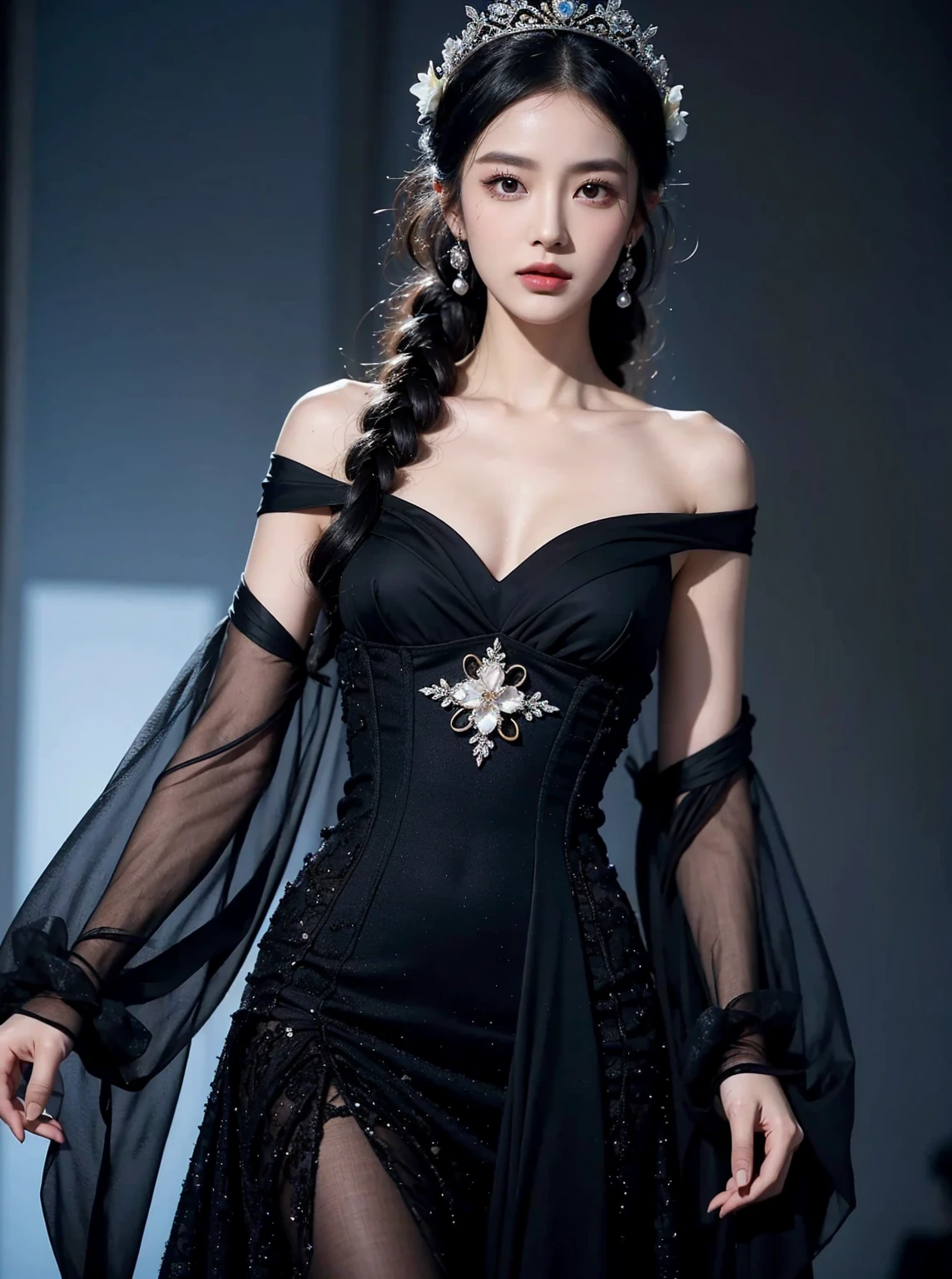 A woman wearing a black dress with a flower on her chest, Inspired by Liu Haisu, 2 0 2 0 fashion, High Fashion Haute Couture, high fashion design, Inspired by Tang Yifen., Haute couture fashion, complicated dress, Works inspired by Fei Danxu, Intricate fantasy dress, Chassis, Glamorous Runway Models, Dilabba Dilmurat, Kai Xukun, mini tiara, close up