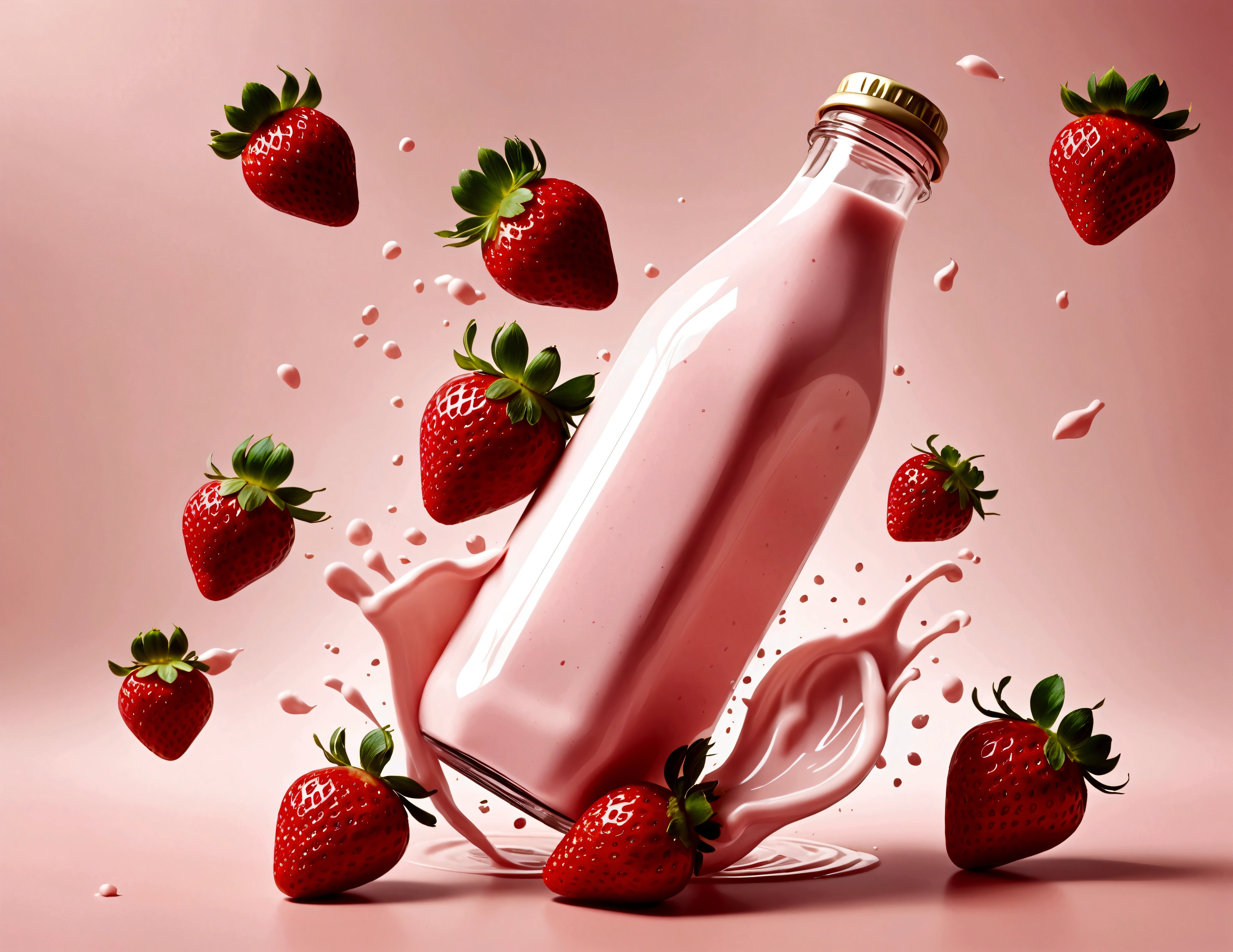 strawberry milk bottle, strawberries flying around. design