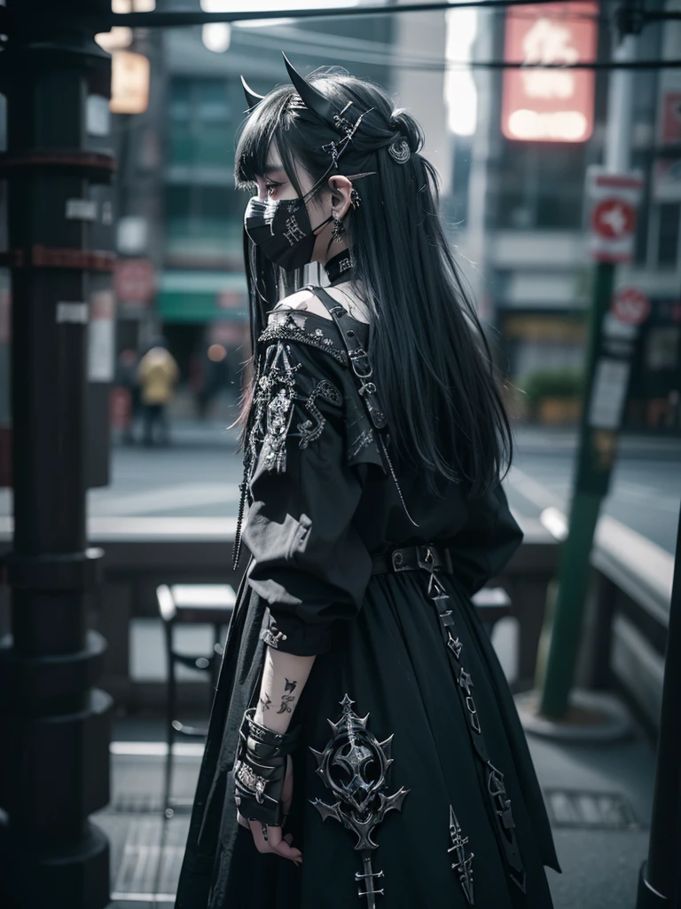 Highest quality、8K、masterpiece:1.3、Gothic Punk、The inside color is red、Black-haired、hair ornaments、Beautiful girl、creative、Dark Fantasy Style、Neogoth、Goth Fashion:1.2、High resolution、masterpiece、Highest quality、頭w:1.3、((Hasselblad Photos))、Fine skin、Sharp focus、(Cinematic lighting)、Realistic textured hair、((Black Mask)),Esbian all over、((View from below))