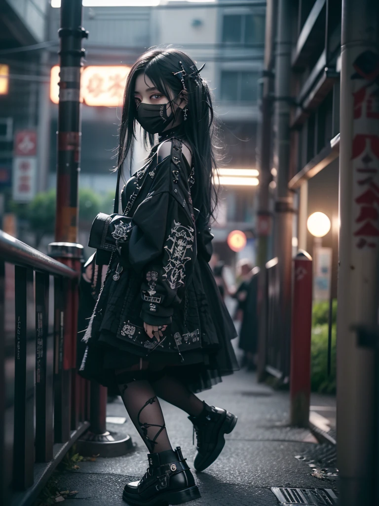 Highest quality、8K、masterpiece：1.3、Gothic Punk、The inside color is red、Black-haired、hair ornaments、Beautiful girl、creative、Dark Fantasy Style、Neogoth、Goth Fashion：1.2、High resolution、masterpiece、Highest quality、頭w:1.3、((Hasselblad Photos))、Fine skin、Sharp focus、(Cinematic lighting)、Realistic textured hair、((Black Mask)),Esbian all over、((View from below))
