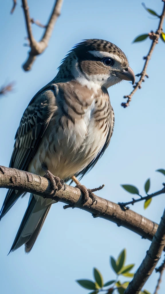 a close-up of a bird perched on a branch. The bird's feathers have an intricate, colorful pattern, lembrando um design de mosaico ou patchwork. Colors vary from blue, orange, yellow and brown, with different patterns that include circles and staggered edges. The bird's head is cobalt blue with small lighter spots, and he has a black beak. This image is interesting due to the unique and artistic representation of the bird's feathers., that does not resemble any real species, but appears to be a work of art or an image digitally altered to enhance its colors and patterns.