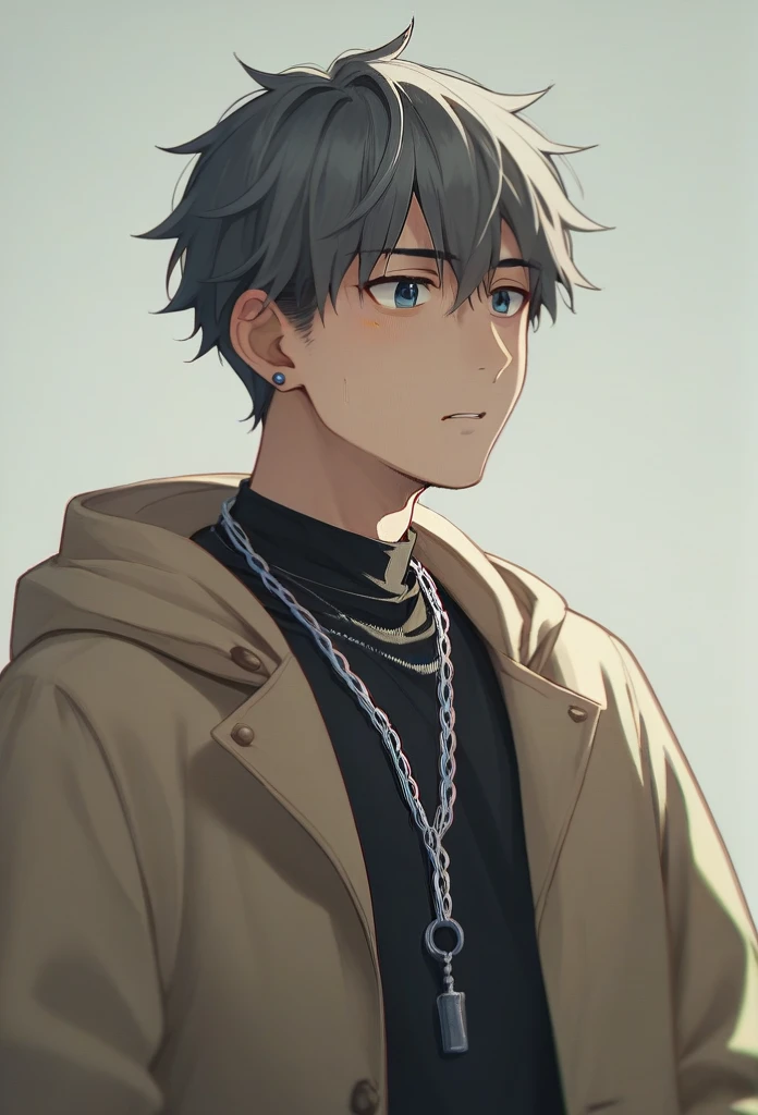 male。A hairstyle with the sides shaved and the top left、Wearing silver ring ear cuffs、Around her neck she wears a simple, thin silver chain necklace.、腕には青い数珠のブレスレットを付けている31歳の日本人male性。170cm、85kg、A combination of Western clothing and a Japanese haori coat。