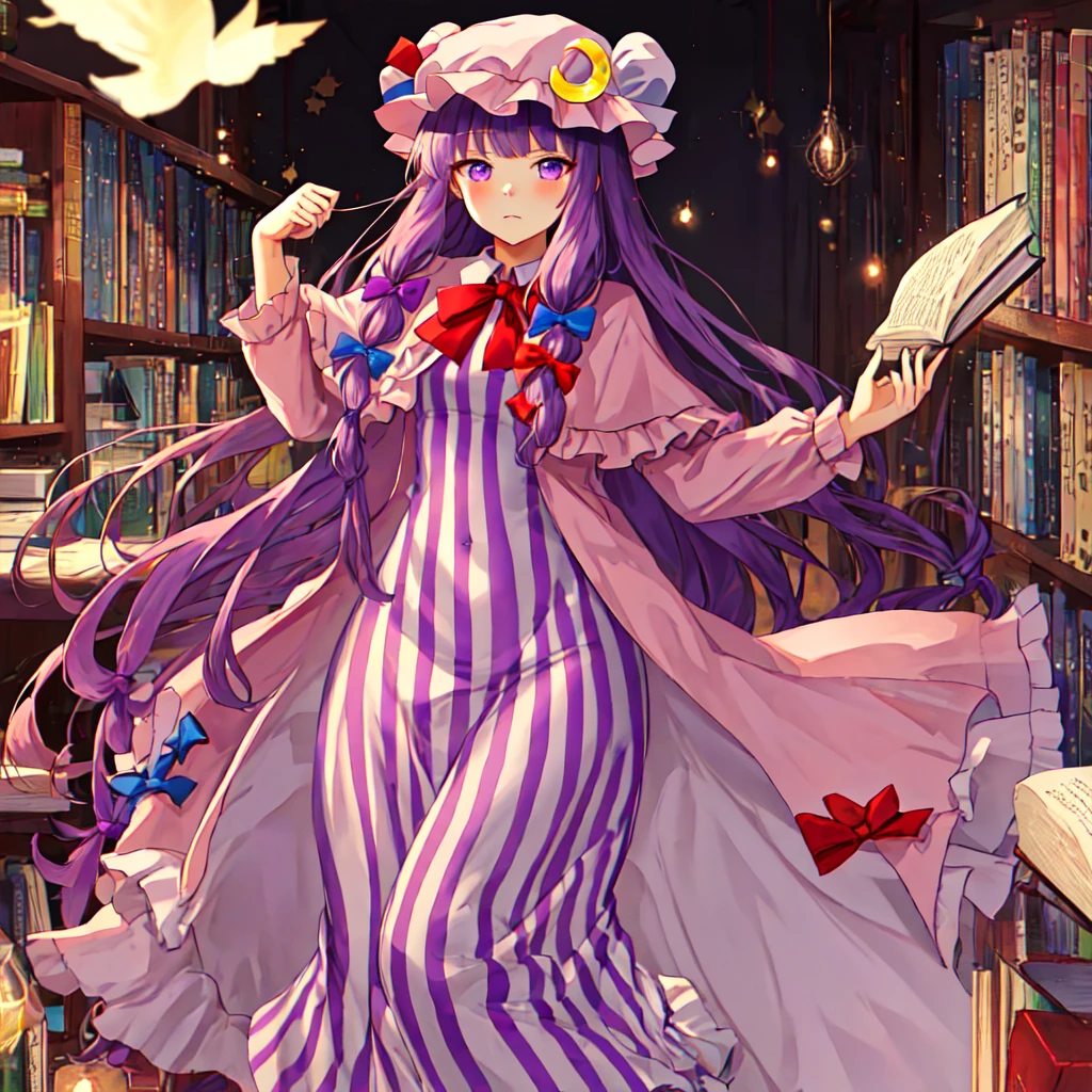 best quality, Masterpiece, height, alone, {patchouli_knowledge_Toho:1.15}, long_hair, purple_hair, crescent, purple_eyes, ribbon, have, bow, smooth, pain_hat, have_decorations, crescent_have_decorations, hair_bow, red_bow, light blue_bow, on_body, book, red_ribbon, hatelet, have_ribbon, streaks, a lot_long_hair