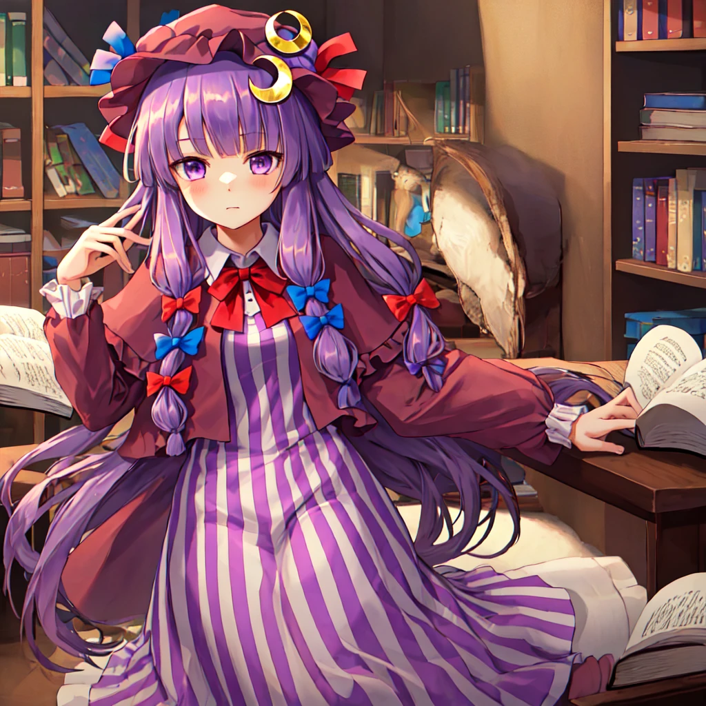 best quality, Masterpiece, height, alone, {patchouli_knowledge_Toho:1.15}, long_hair, purple_hair, crescent, purple_eyes, ribbon, have, bow, smooth, pain_hat, have_decorations, crescent_have_decorations, hair_bow, red_bow, light blue_bow, on_body, book, red_ribbon, hatelet, have_ribbon, streaks, a lot_long_hair