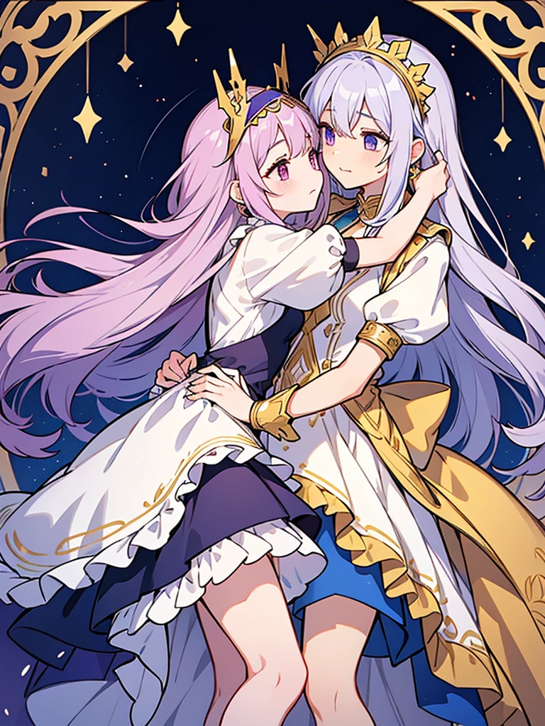 2people,hug,
 // 
1of2=Ishtar,silver hair,dress of gold and lapis lazuli,
 // 
2of2=Ninshubur,maid uniform frilly headband,light purple hair,