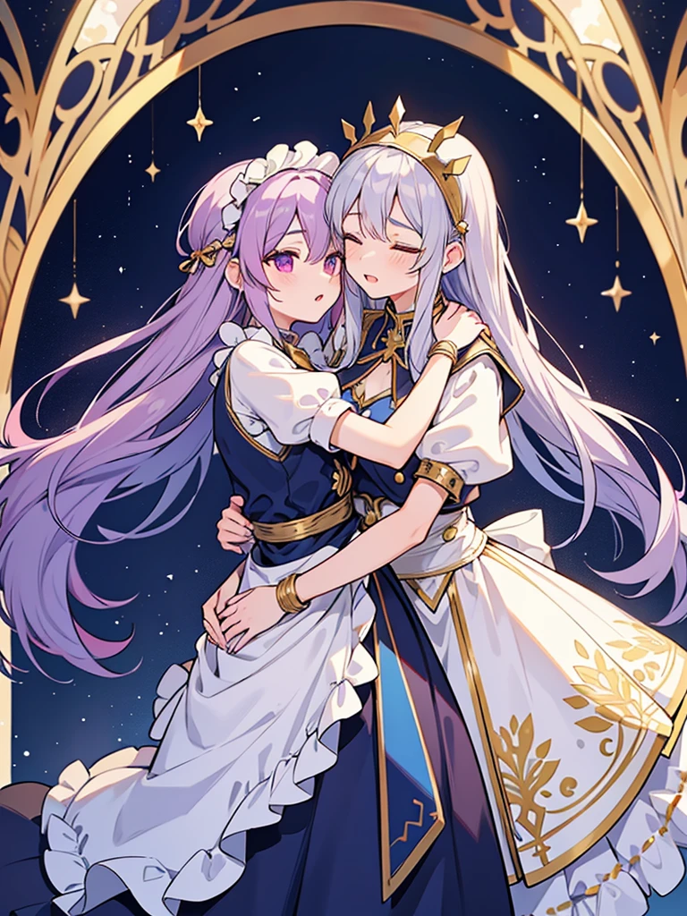 2people,hug,
//
1of2=Ishtar,silver hair,dress of gold and lapis lazuli,
//
2of2=Ninshubur,maid uniform frilly headband,light purple hair,