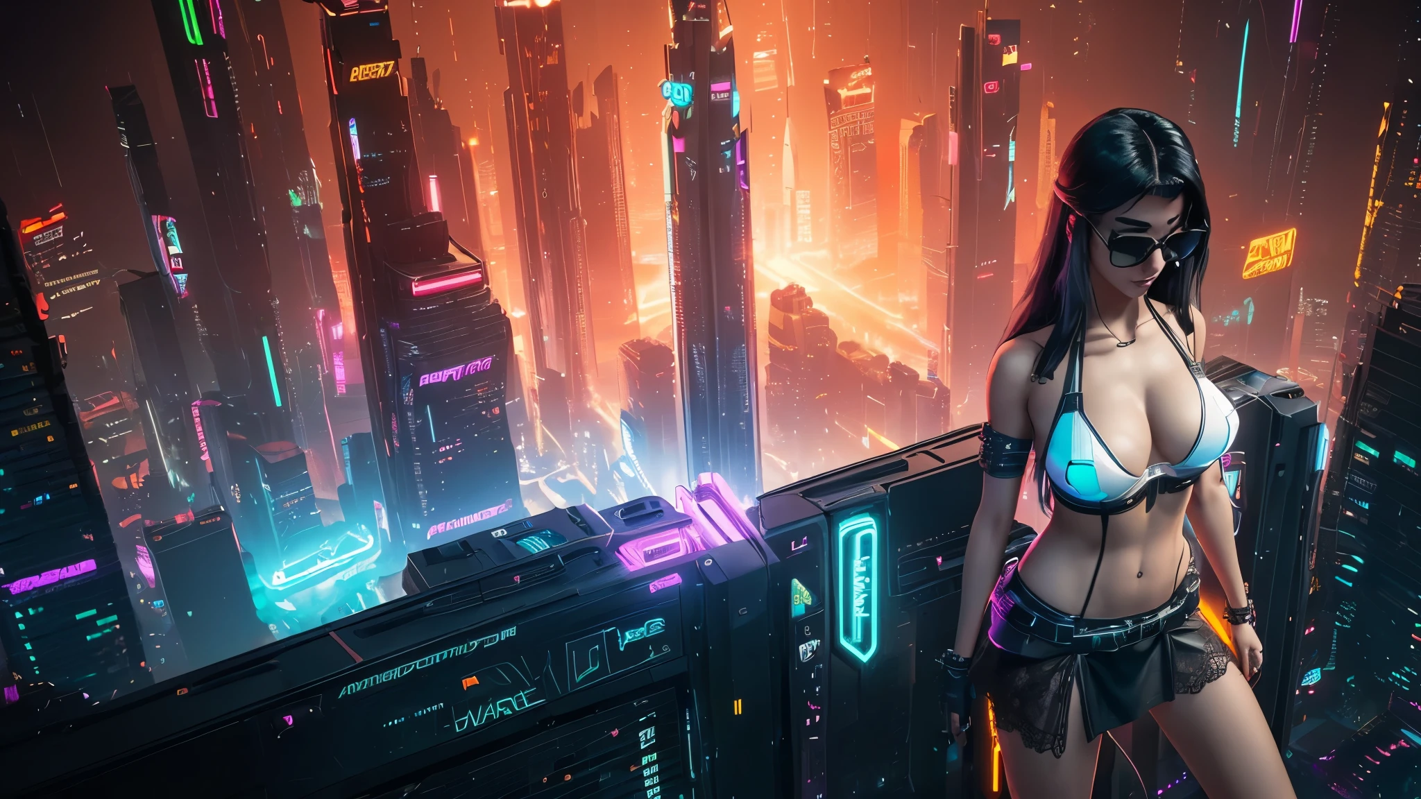 (((1woman, solo))), rainbow light, 3d neon art of a woman's body, cyberpunk femme fatale, seductive cyberpunk dark fantasy, cyberpunk 20 y. o large-breast model girl, (((with black miniskirt and white lace panty, with matrix style black micro sunglasses, long hair))), oppai cyberpunk, banner, high definition cgsociety, cgsociety masterpiece, trending on cgstation, kda, (((((aerial view))))) image of neon-noir cyberpunk city in the background.