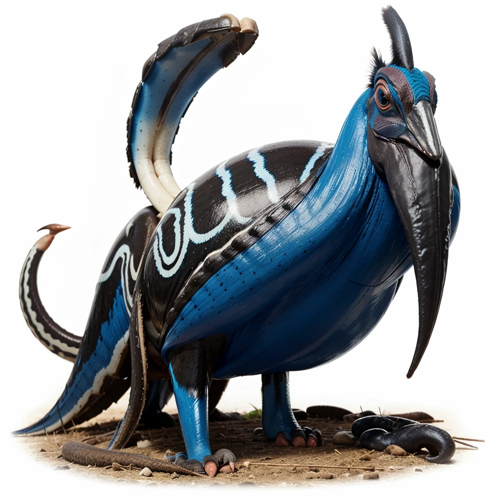 Big Animaly, has white stripes on his skin, blue eyes, cassowary mixed with squid, Grassroots, no background