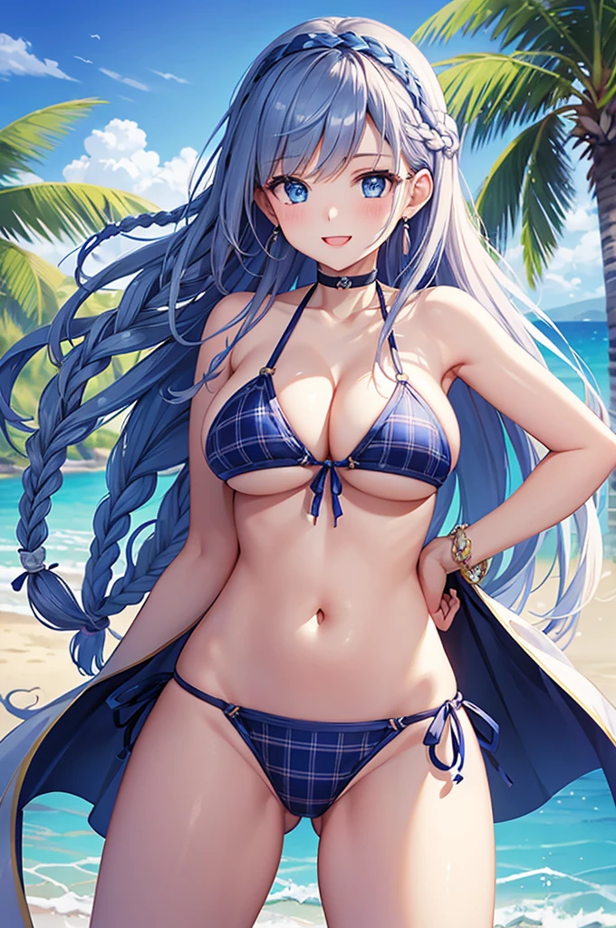 Highest quality、Highest quality、masterpiece、Beauty(Age 25)、Navy blue long hair((Braided Hair))、blue eyes、Sexy plaid bikini、Big cleavage、(Big Breasts),smile、Blue Earrings、background(Beach)、Please open your mouth wide、White headband、bracelet、Dynamic pose、Blue choker
